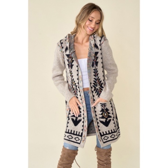 Oatmeal Aztec Rainbow Western Hooded Knit Cardigan Long Sleeve Open Sweater - Picture 10 of 14